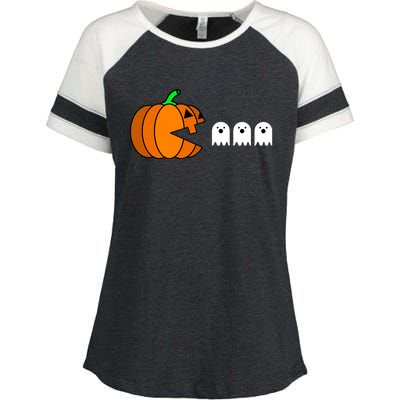 Funny Halloween Pumpkin Eating Ghost Gamer Enza Ladies Jersey Colorblock Tee