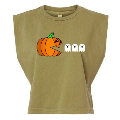 Funny Halloween Pumpkin Eating Ghost Gamer Garment-Dyed Women's Muscle Tee