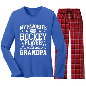 Favorite Hockey Player Calls Me Grandpa Ice Hockey Grandpa Funny Gift Women's Long Sleeve Flannel Pajama Set 