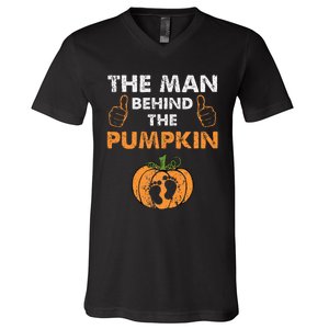 Funny Halloween Pregnancy Baby Shower Behind The Pumpkin V-Neck T-Shirt