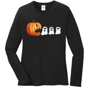 Funny Halloween Pumpkin Ghosts Jack O Lantern Ladies Long Sleeve Shirt