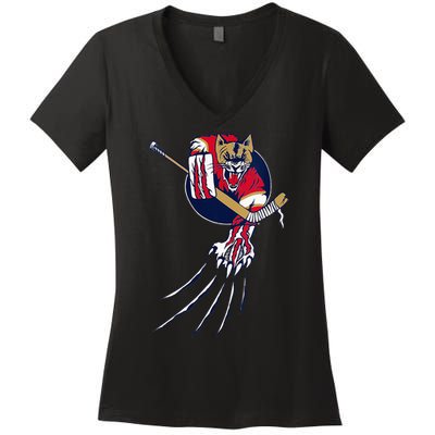 Florida Hockey Player Goalie Beast Ice Panther Cat Cougar Women's V-Neck T-Shirt