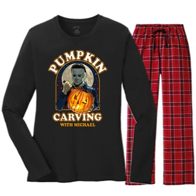 Funny Halloween Pumpkin Carving With Michael Women's Long Sleeve Flannel Pajama Set 