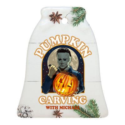 Funny Halloween Pumpkin Carving With Michael Ceramic Bell Ornament