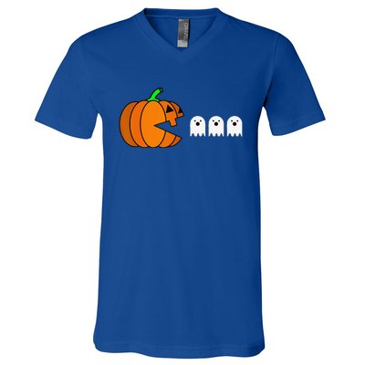 Funny Halloween Pumpkin Eating Ghost Gamer V-Neck T-Shirt