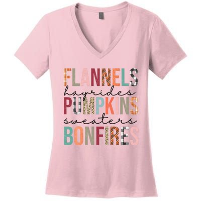 Flannels Hayrides Pumpkins Sweaters Bonfires Fall Autumn Women's V-Neck T-Shirt