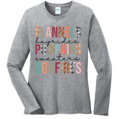 Flannels Hayrides Pumpkins Sweaters Bonfires Fall Autumn Ladies Long Sleeve Shirt