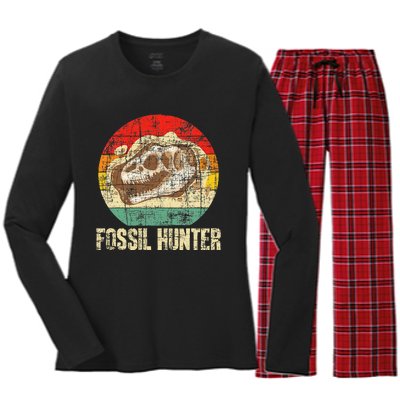 Fossil Hunter Retro Paleontologist Paleontology Women's Long Sleeve Flannel Pajama Set 