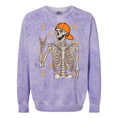 Funny Halloween Rock On Skeleton Colorblast Crewneck Sweatshirt