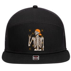 Funny Halloween Rock On Skeleton 7 Panel Mesh Trucker Snapback Hat