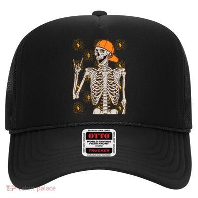 Funny Halloween Rock On Skeleton High Crown Mesh Back Trucker Hat
