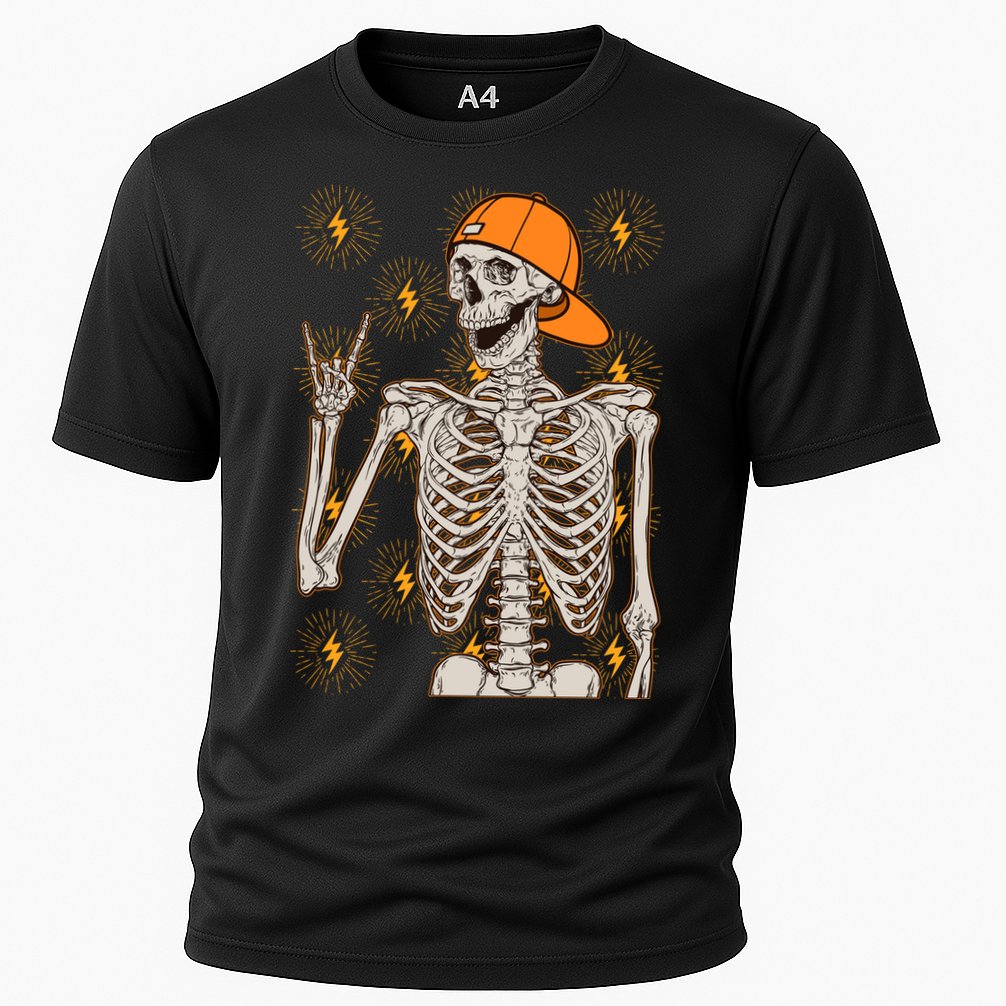 Funny Halloween Rock On Skeleton Cooling Performance Crew T-Shirt