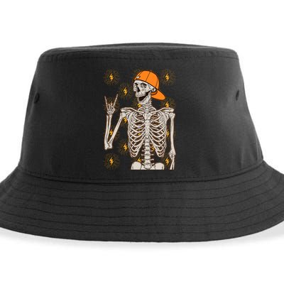 Funny Halloween Rock On Skeleton Sustainable Bucket Hat