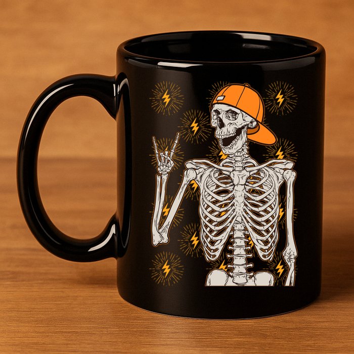 Funny Halloween Rock On Skeleton 11oz C Handle Ceramic Mug