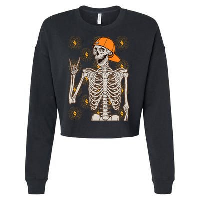 Funny Halloween Rock On Skeleton Cropped Pullover Crew