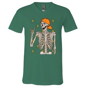 Funny Halloween Rock On Skeleton V-Neck T-Shirt