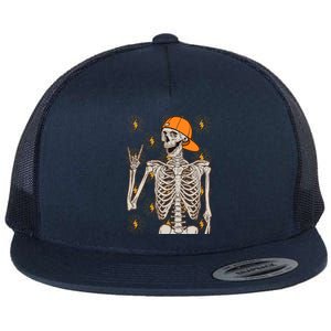 Funny Halloween Rock On Skeleton Flat Bill Trucker Hat