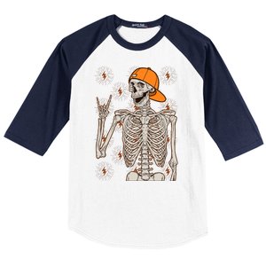 Funny Halloween Rock On Skeleton Baseball Sleeve Shirt