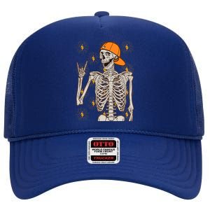 Funny Halloween Rock On Skeleton High Crown Mesh Back Trucker Hat