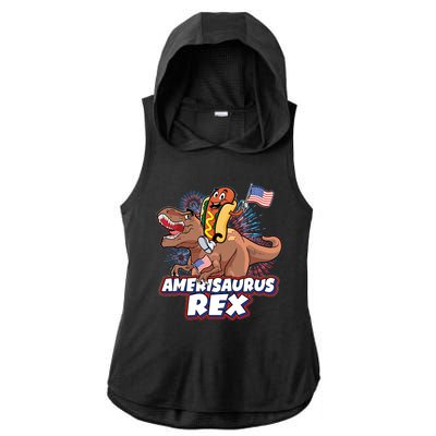 Funny Hotdog Riding Amerisaurus Rex Dinosaur Ladies PosiCharge Tri-Blend Wicking Draft Hoodie Tank