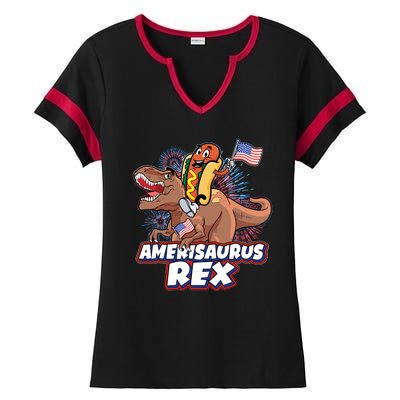 Funny Hotdog Riding Amerisaurus Rex Dinosaur Ladies Halftime Notch Neck Tee