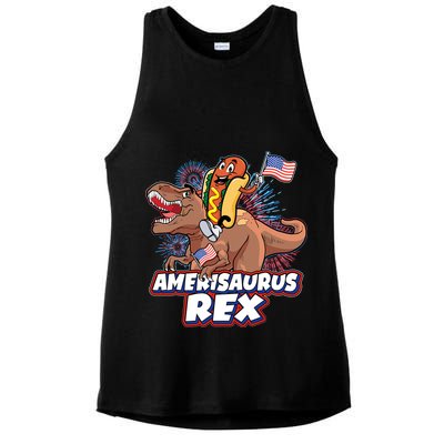 Funny Hotdog Riding Amerisaurus Rex Dinosaur Ladies PosiCharge Tri-Blend Wicking Tank