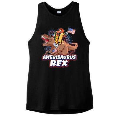 Funny Hotdog Riding Amerisaurus Rex Dinosaur Ladies PosiCharge Tri-Blend Wicking Tank