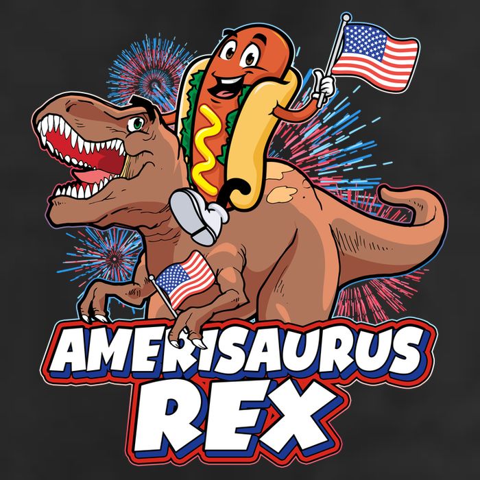 Funny Hotdog Riding Amerisaurus Rex Dinosaur 7 Panel Mesh Trucker Snapback Hat