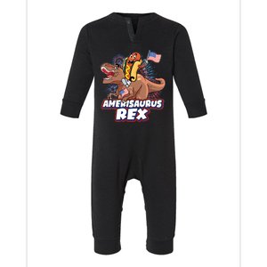 Funny Hotdog Riding Amerisaurus Rex Dinosaur Infant Fleece One Piece