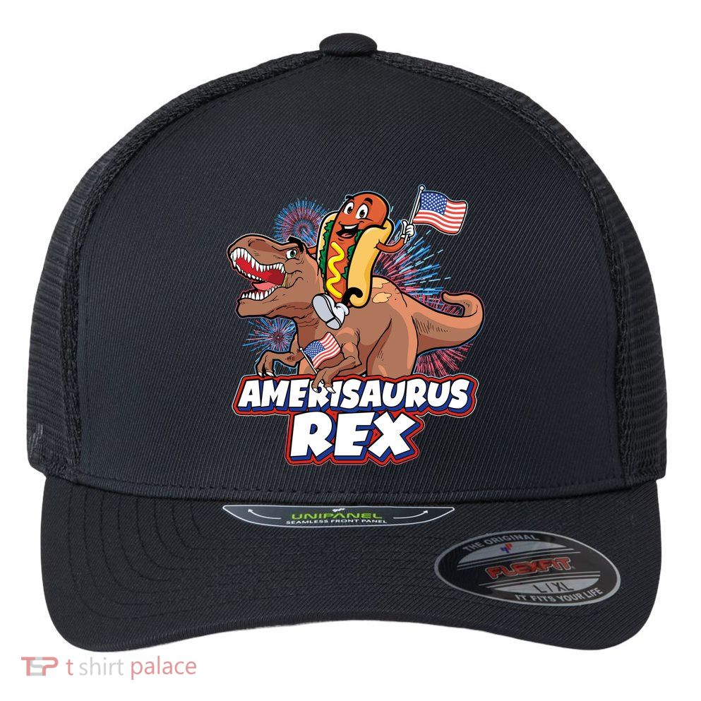 Funny Hotdog Riding Amerisaurus Rex Dinosaur Flexfit Unipanel Trucker Cap