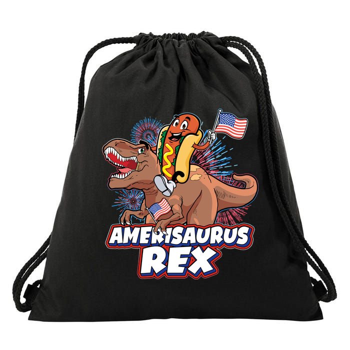 Funny Hotdog Riding Amerisaurus Rex Dinosaur Drawstring Bag