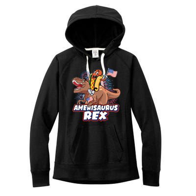 Funny Hotdog Riding Amerisaurus Rex Dinosaur Women's Fleece Hoodie