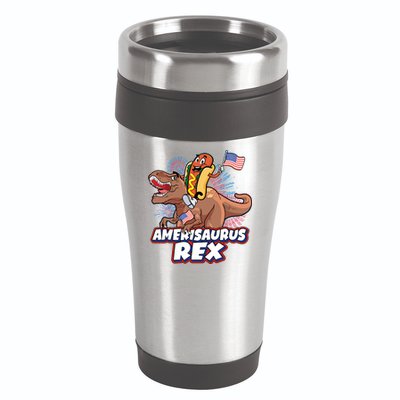 Funny Hotdog Riding Amerisaurus Rex Dinosaur 16oz Travel Tumbler