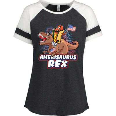 Funny Hotdog Riding Amerisaurus Rex Dinosaur Enza Ladies Jersey Colorblock Tee