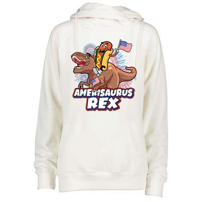 Funny Hotdog Riding Amerisaurus Rex Dinosaur Womens Funnel Neck Pullover Hood