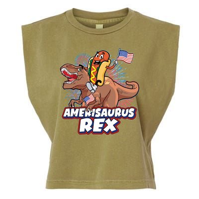 Funny Hotdog Riding Amerisaurus Rex Dinosaur Garment-Dyed Women's Muscle Tee