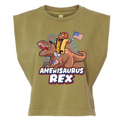 Funny Hotdog Riding Amerisaurus Rex Dinosaur Garment-Dyed Women's Muscle Tee