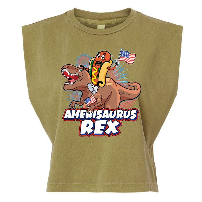 Funny Hotdog Riding Amerisaurus Rex Dinosaur Garment-Dyed Women's Muscle Tee