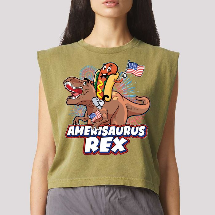 Funny Hotdog Riding Amerisaurus Rex Dinosaur Garment-Dyed Women's Muscle Tee