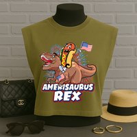Funny Hotdog Riding Amerisaurus Rex Dinosaur Garment-Dyed Women's Muscle Tee