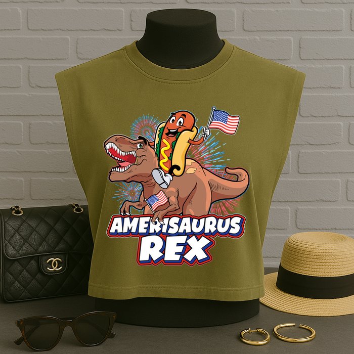 Funny Hotdog Riding Amerisaurus Rex Dinosaur Garment-Dyed Women's Muscle Tee