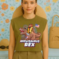 Funny Hotdog Riding Amerisaurus Rex Dinosaur Garment-Dyed Women's Muscle Tee