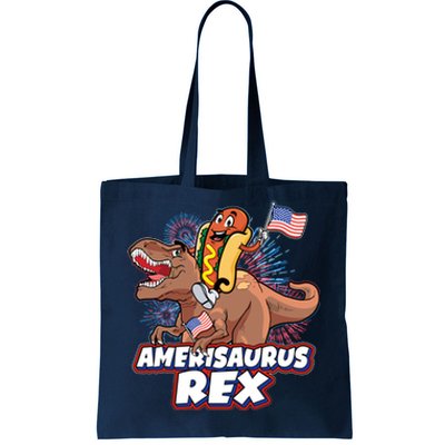 Funny Hotdog Riding Amerisaurus Rex Dinosaur Tote Bag