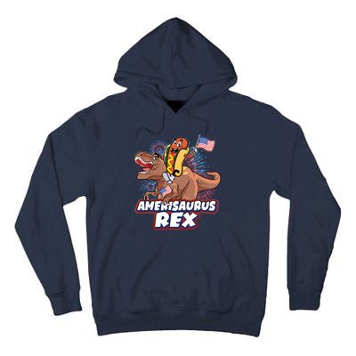 Funny Hotdog Riding Amerisaurus Rex Dinosaur Tall Hoodie