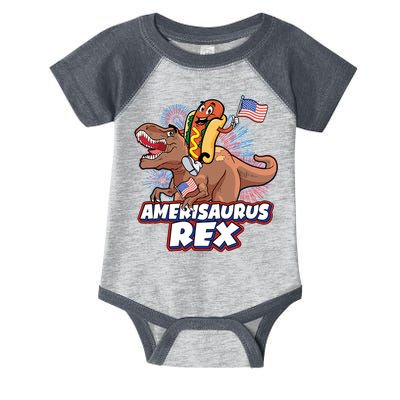 Funny Hotdog Riding Amerisaurus Rex Dinosaur Infant Baby Jersey Bodysuit