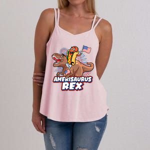 Funny Hotdog Riding Amerisaurus Rex Dinosaur Women's Strappy Tank