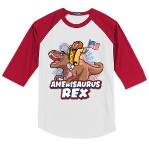 Funny Hotdog Riding Amerisaurus Rex Dinosaur Kids Colorblock Raglan Jersey