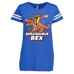 Funny Hotdog Riding Amerisaurus Rex Dinosaur Enza Ladies Jersey Football T-Shirt