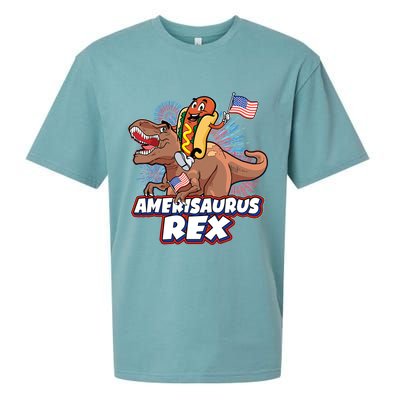 Funny Hotdog Riding Amerisaurus Rex Dinosaur Sueded Cloud Jersey T-Shirt