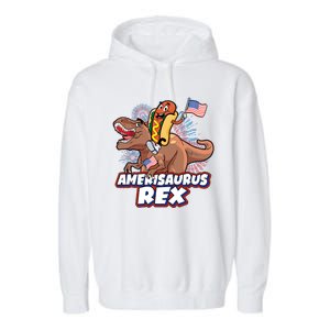 Funny Hotdog Riding Amerisaurus Rex Dinosaur Garment-Dyed Fleece Hoodie